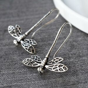 Silver dragonfly in flight pull through earrings