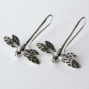 Silver dragonfly in flight pull through earrings