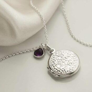 MC167 STERLING SILVER FLORAL ROUND LOCKET NECKLACE AMETHYST 2