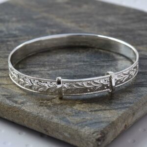 Silver adjustable decorative leaves baby bangle