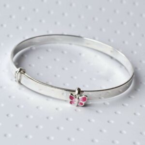 Silver plain band with pink butterfly christening bangle