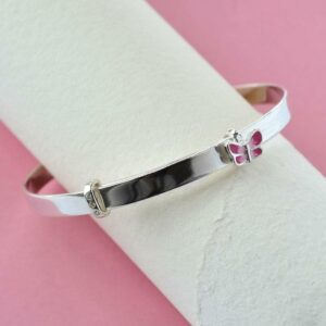 Silver plain band with pink butterfly christening bangle