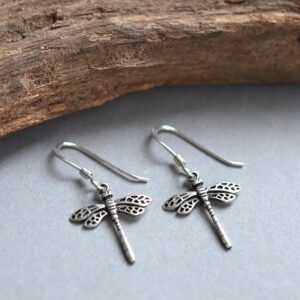 Silver small hanging dragonfly in flight earrings