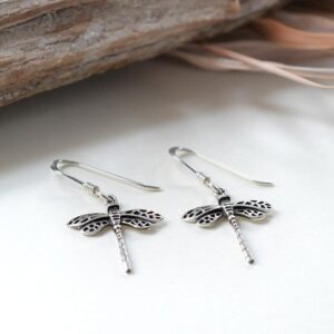 Silver small hanging dragonfly in flight earrings