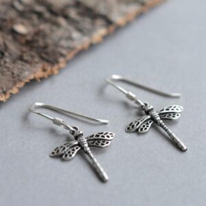 Silver small hanging dragonfly in flight earrings