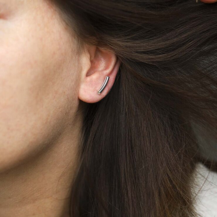 Sterling Silver Bar Stud Earrings on model