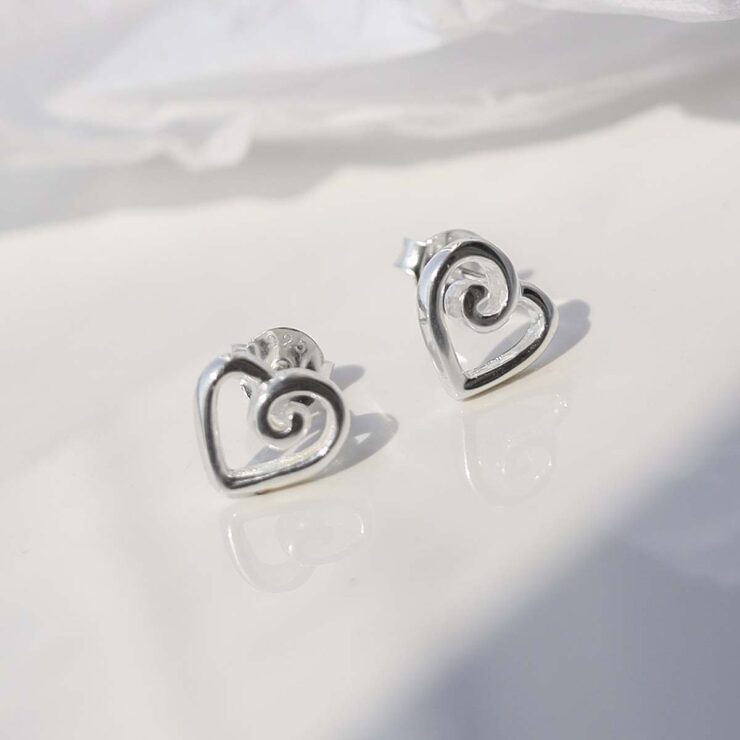 Sterling Silver Delicate Spiral Heart Earrings in sun