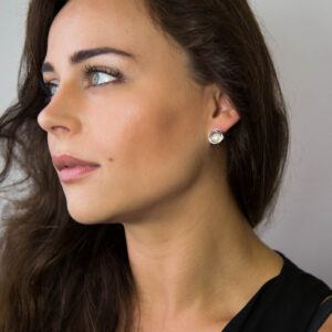 model wearing Sterling Silver Designer Round Pearl Studs