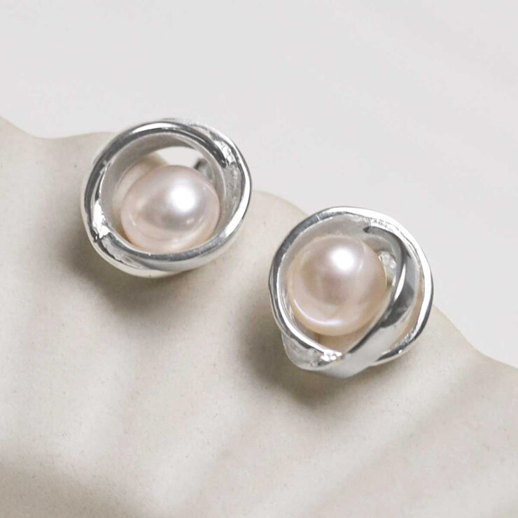 MD316E_Sterling Silver Designer Round Pearl Studs_3 Sterling Silver Designer Round Pearl Studs on jewellery dish