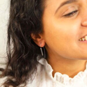 Brunette Model Wearing Sterling Silver Heavy Bar Drop Earrings