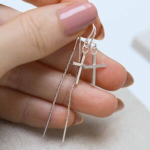Sterling Silver Cross Threader Earrings in hand