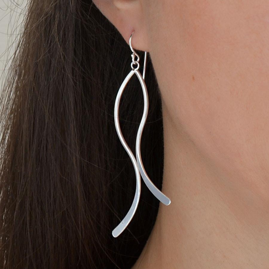 Sterling Silver Dangly Curved Ribbon Earrings | Martha Jackson
