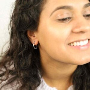 Brunette Model Wearing Sterling Silver 16mm Hoop Earrings