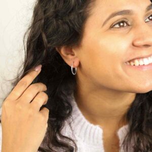 Brunette Model Wearing Sterling Silver 18mm Hoop Earrings