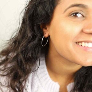 Brunette Model Wearing Sterling Silver 25mm Hoop Earrings