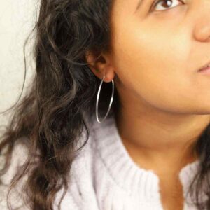 Brunette Model Wearing Sterling Silver 5cm Hoop Earrings