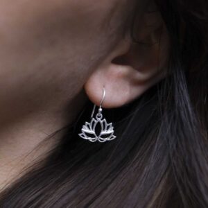 Sterling Silver Dangly Lotus Flower Earrings on model