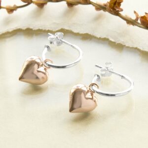 Sterling Silver and Rose Gold Heart Hoop Stud Earrings