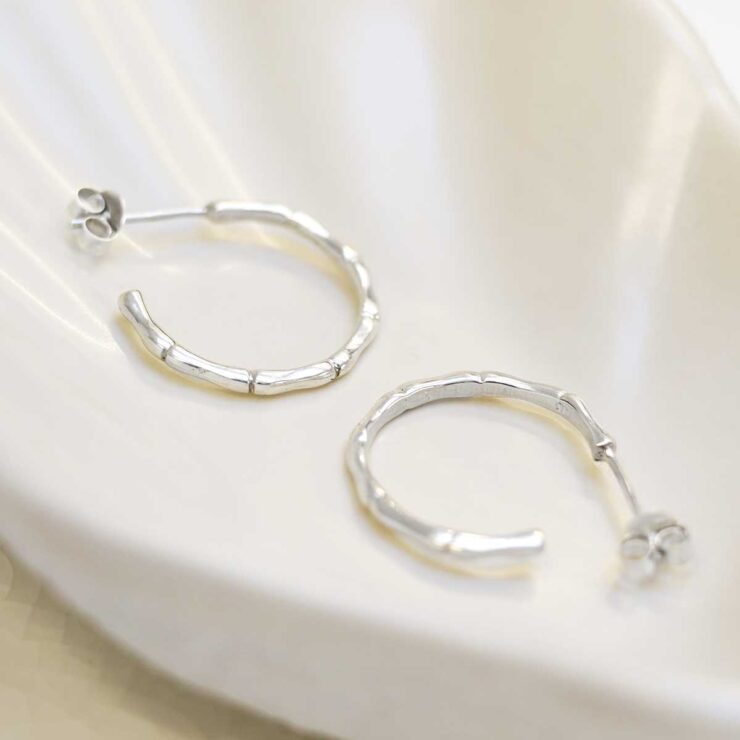 Sterling Silver Bamboo Hoop Stud Earrings in jewellery dish