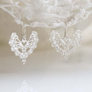 Sterling Silver Dangly Lace Heart Earrings on lace