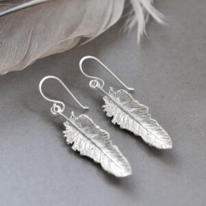 small dangly feather earrings on grey background with a feather