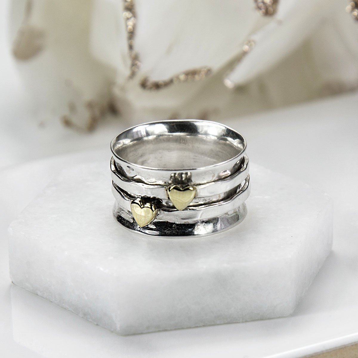 Sterling Silver Mixed Metal Spinning Hearts Ring | Martha Jackson