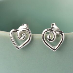 Silver Spiral Heart Stud Earrings