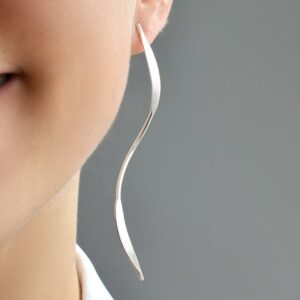 Sterling Silver Elongated Ribbon Stud Earrings on model