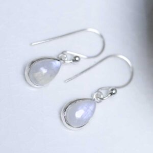 Sterling Silver Dangly Moonstone teardrop Earrings on white