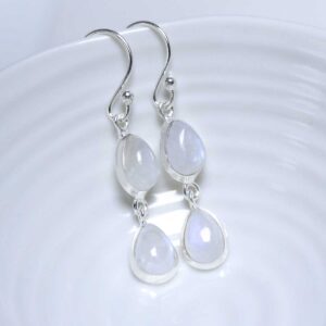 Sterling Silver Double Moonstone Dangly Teardrops on white dish