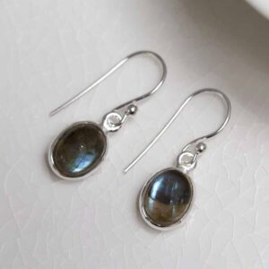 Sterling Silver Dangly Labradorite Oval Earrings on white