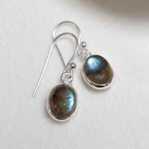Sterling Silver Dangly Labradorite Oval Earrings on white