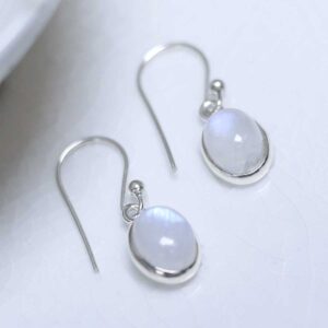 Sterling Silver Dangly Moonstone Oval Earrings on white