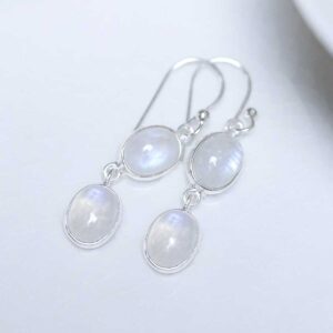 Sterling Silver Double Moonstone Dangly Oval Earrings on white
