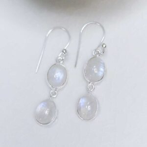 Sterling Silver Double Moonstone Dangly Oval Earrings on white