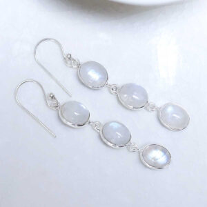 Sterling Silver Triple Moonstone Dangly Oval Earrings on white