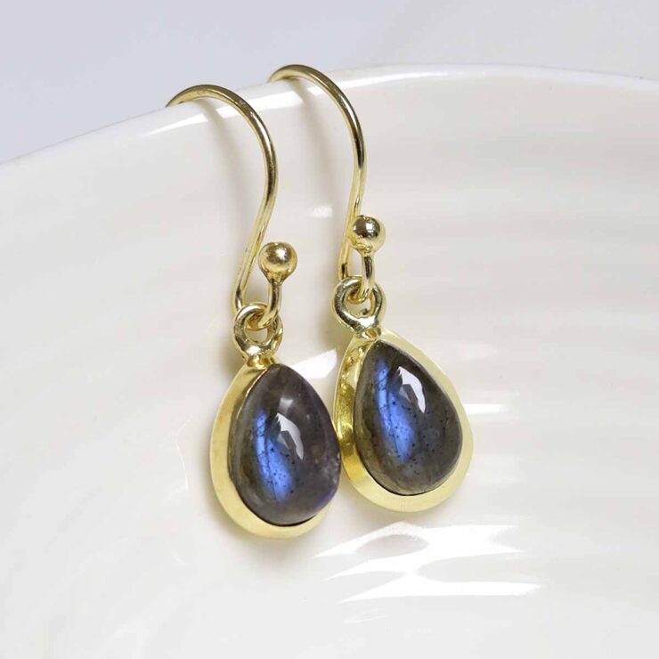MJ751AG_Sterling Silver Gold Plated Dangly Labradorite Teardrop Earring_1 Sterling Silver Gold Plated Dangly Labradorite Teardrop Earring on white dish