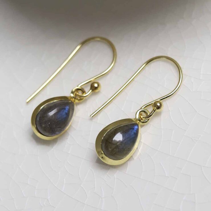 Sterling Silver Gold Plated Dangly Labradorite Teardrop Earring on white