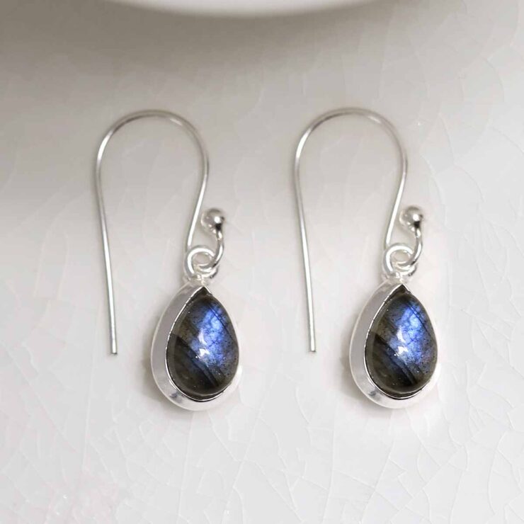 Sterling Silver Dangly Labradorite Teardrop Earrings on white