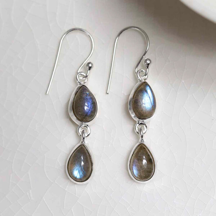 MJ751B_Sterling Silver Double Labradorite Dangly Teardrops_1 Sterling Silver Double Labradorite Dangly Teardrops on white