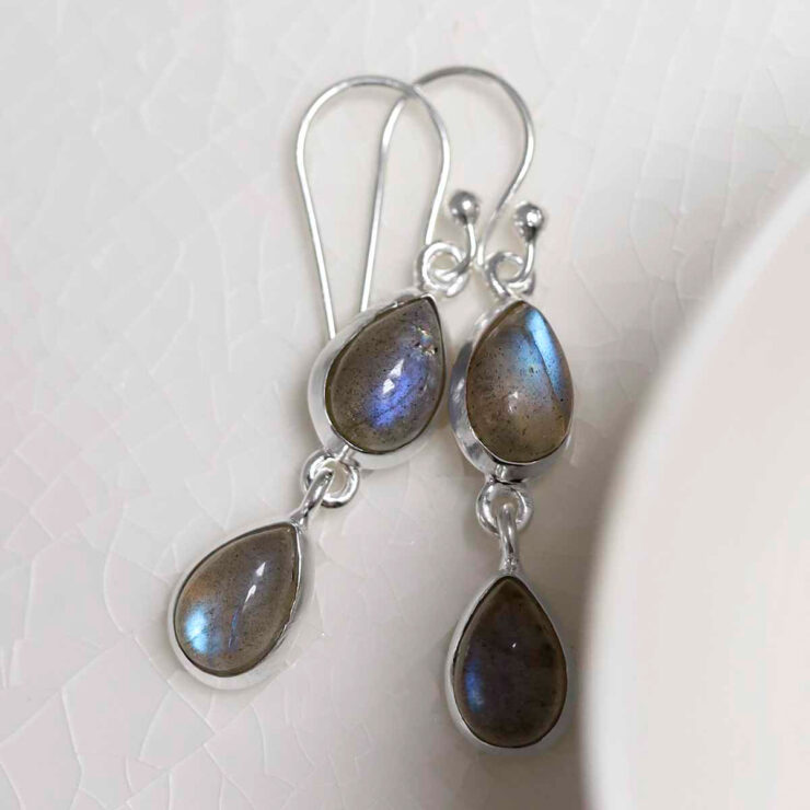 Sterling Silver Double Labradorite Dangly Teardrops on white