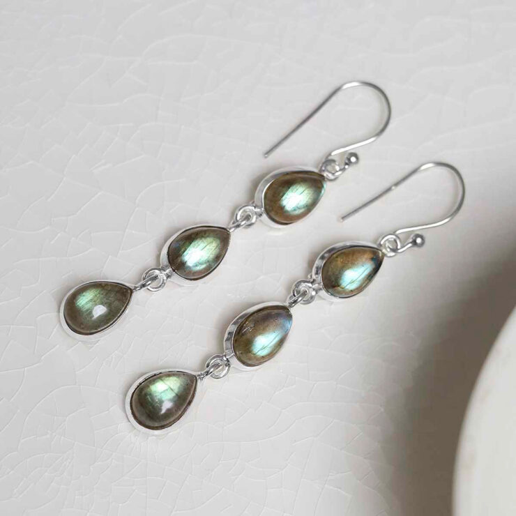 Sterling Silver Triple Labradorite Dangly Teardrops on white