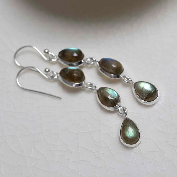 MJ751C_Sterling Silver Triple Labradorite Dangly Teardrops_2 Sterling Silver Triple Labradorite Dangly Teardrops on white