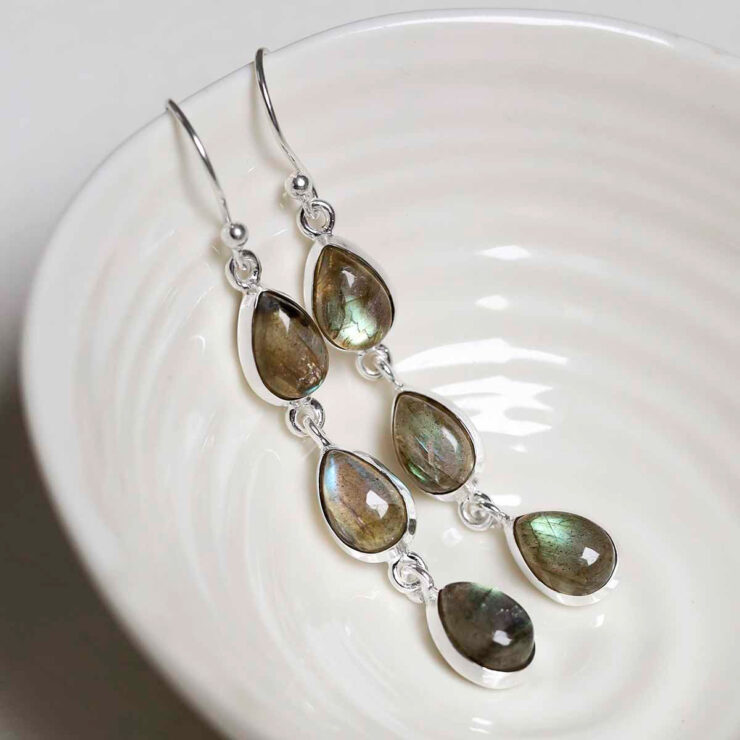 Sterling Silver Triple Labradorite Dangly Teardrops on white dish