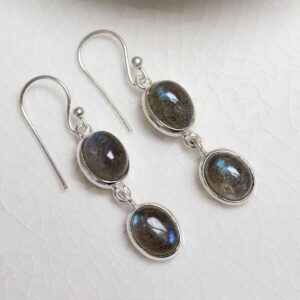 Sterling Silver Double Labradorite Dangly Oval Earrings on white