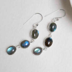 Sterling Silver Triple Labradorite Dangly Oval Earrings on white