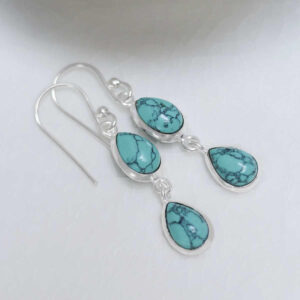 Sterling Silver Double Turquoise Dangly Teardrops on white