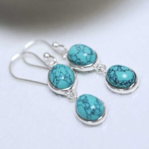 Sterling Silver Double Turquoise Dangly Oval Earrings on white