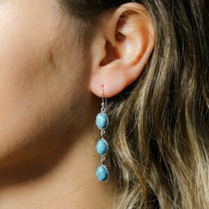 Tripe Turquoise Oval Dangly Earrings on Model