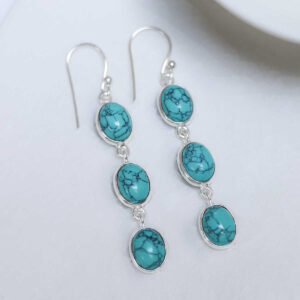 Sterling Silver Triple Turquiose Dangly Oval Earrings on white